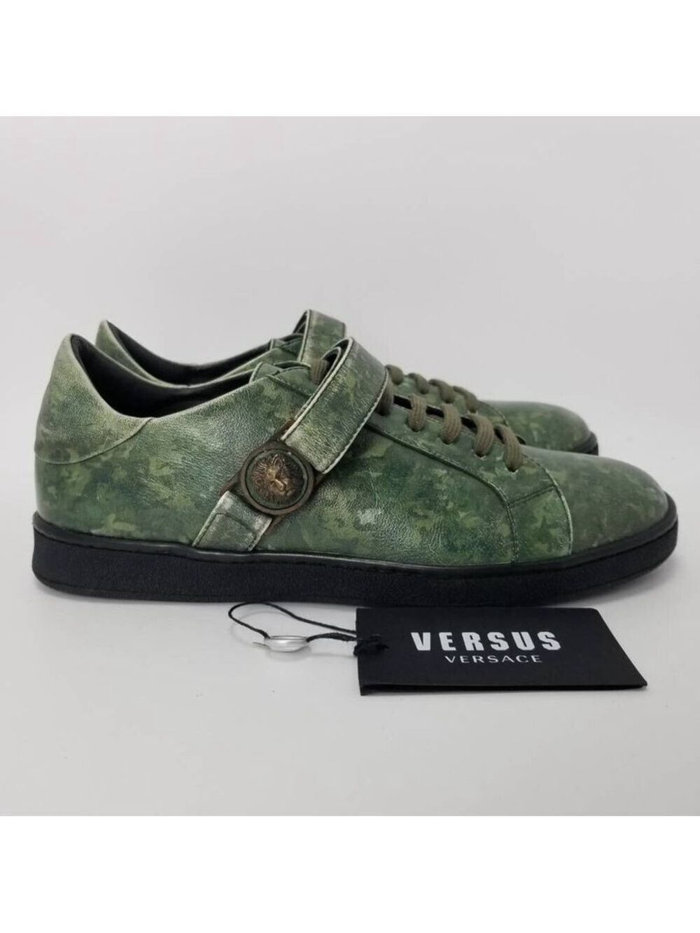 Versace Versus Camo Green Leather Strap Low Top Sneakers With Lion Head Size 39